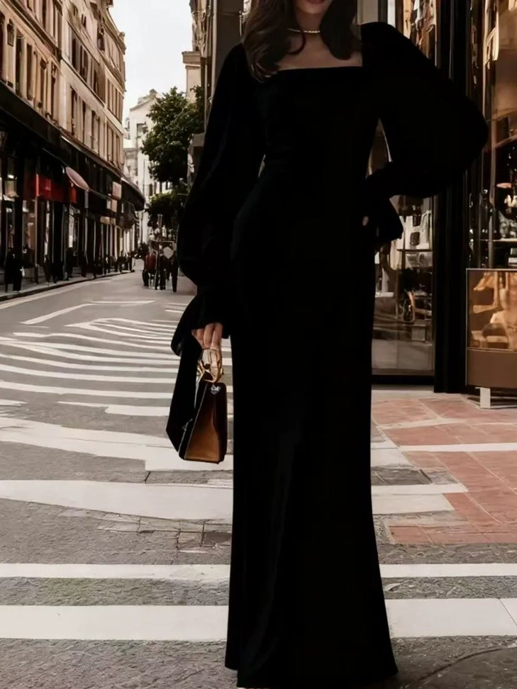 Elegant Square Neck Long Sleeve Maxi Dress