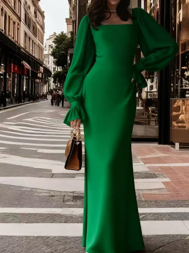 Elegant Square Neck Long Sleeve Maxi Dress