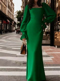 Elegant Square Neck Long Sleeve Maxi Dress