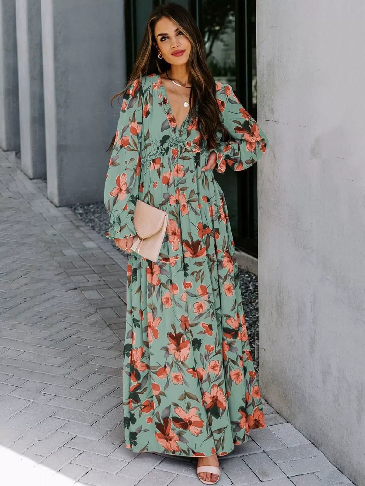 Boho Floral Long Sleeve Maxi Dress