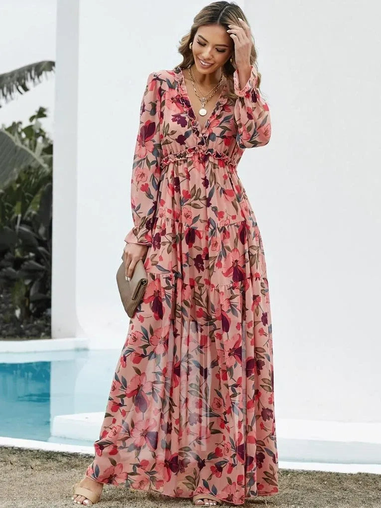 Boho Floral Long Sleeve Maxi Dress