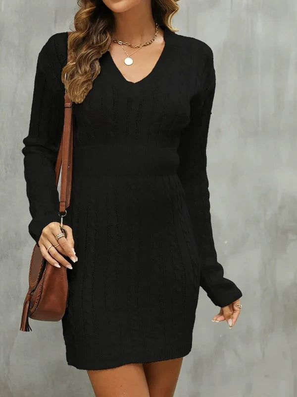 V-Neck Cable Knit Sweater Dress