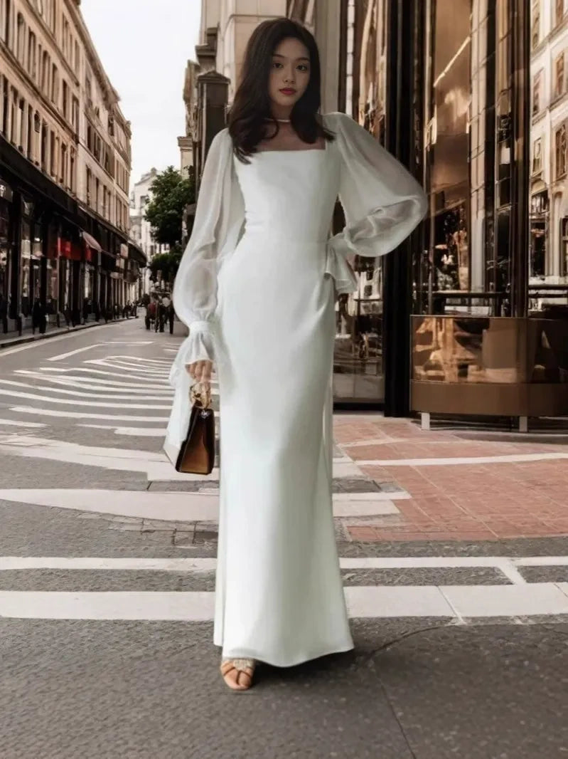 Elegant Square Neck Long Sleeve Maxi Dress