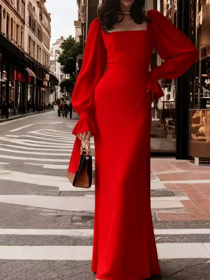 Elegant Square Neck Long Sleeve Maxi Dress